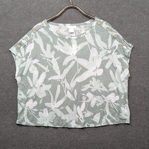 Cynthia Rowley Top Womens 1X Linen Blend Tropical Shirt Button Shoulder Green